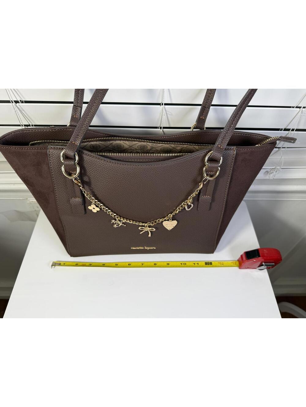 Nanette Lepore Chocolate Brown Pebbled Faux Leather & Suede Tote Bag Charm Chain - Picture 3 of 7